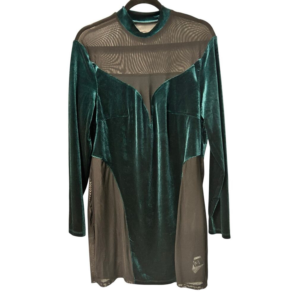 Women Velvet Mesh Dress SZ 2X Witchy Whimsygoth Sheer 90's Grunge Green Risque